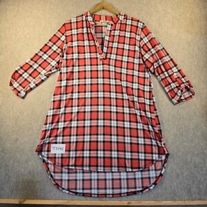 Eloges Plaid Tunic Top Coral Black White Roll Tab Sleeve High Low T7571LG M